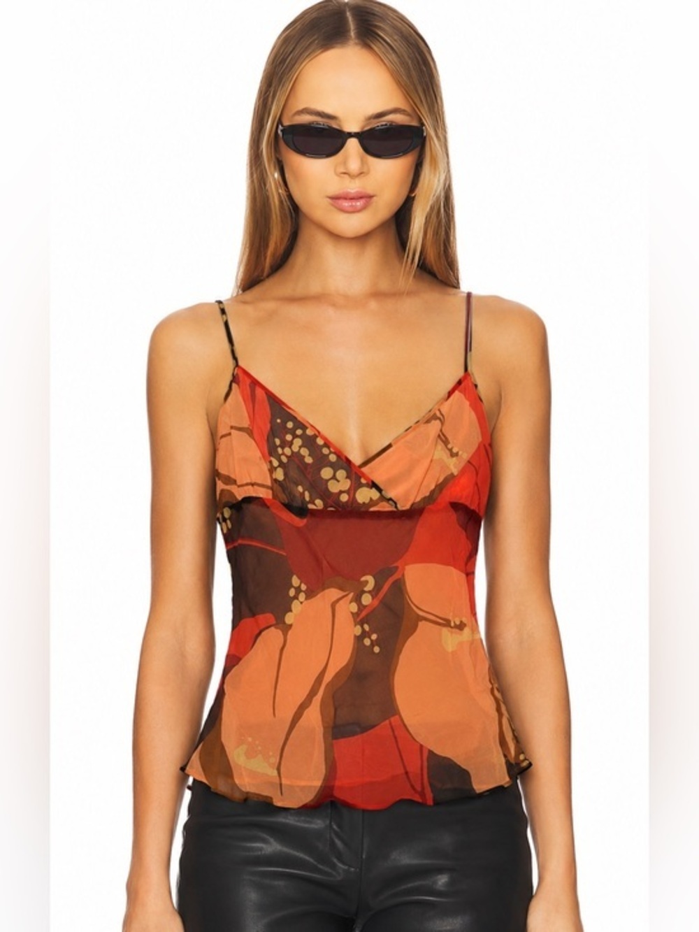 Theory Silk Rust and Brown Floral V-Neck Cami size M